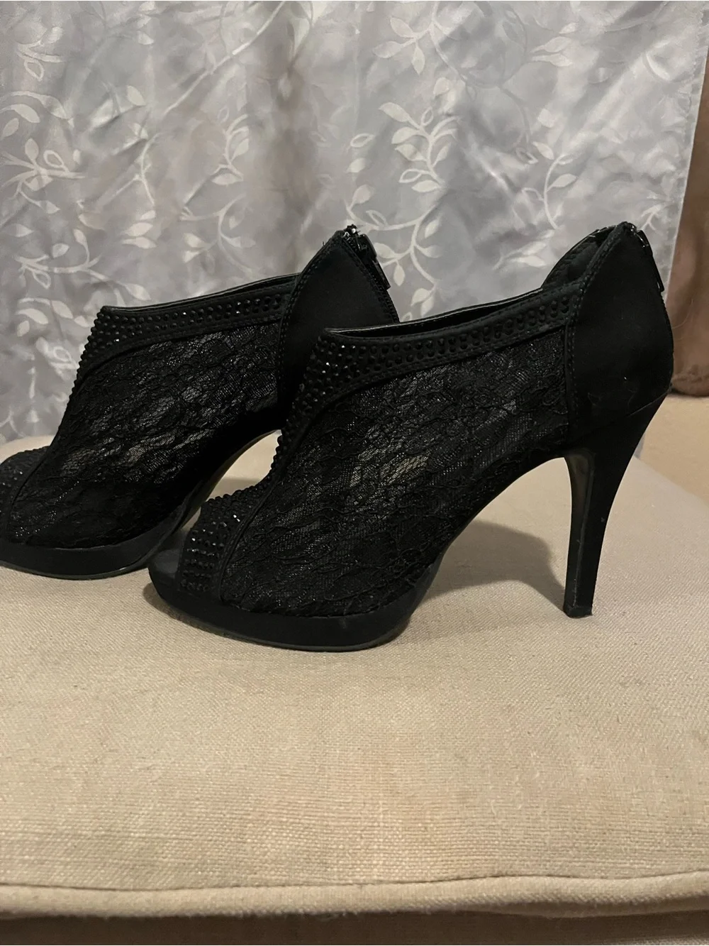 Black Embellished Peep-Toe Heeled Booties